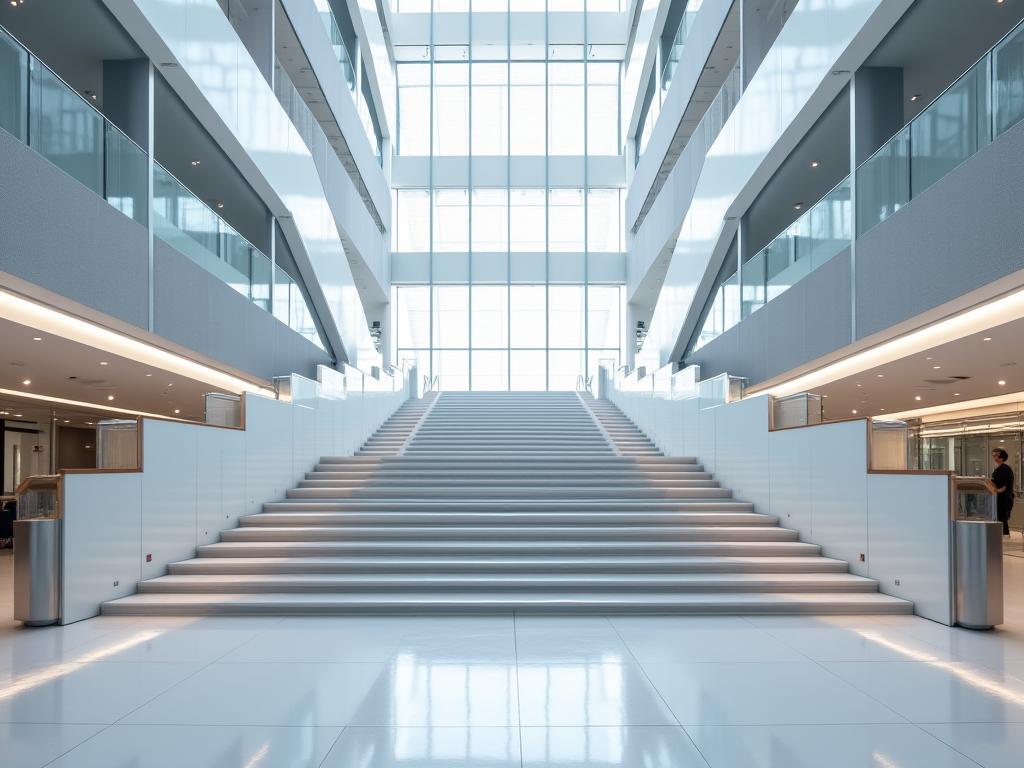 A wide, curved staircase in a modern office building atrium.