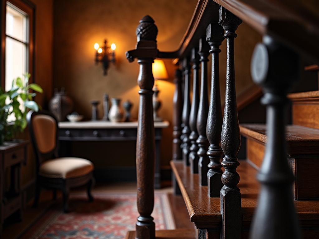 A traditional wooden staircase with detailed metalwork in a rustic home.