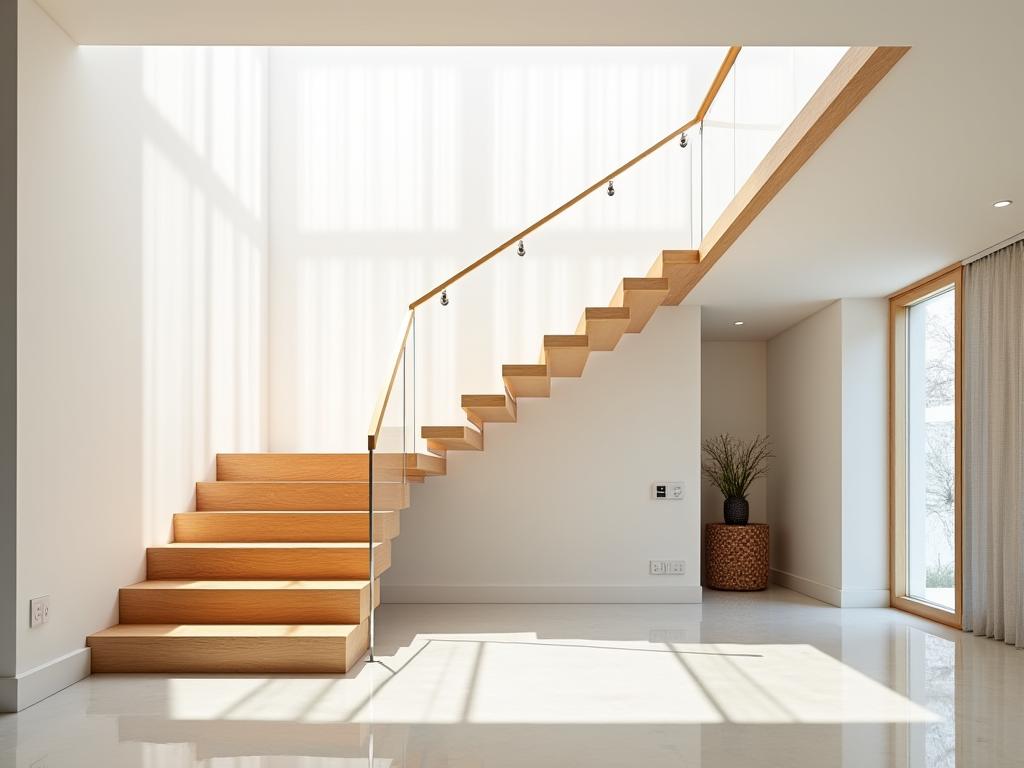 A modern floating staircase in a bright, sunlit home.