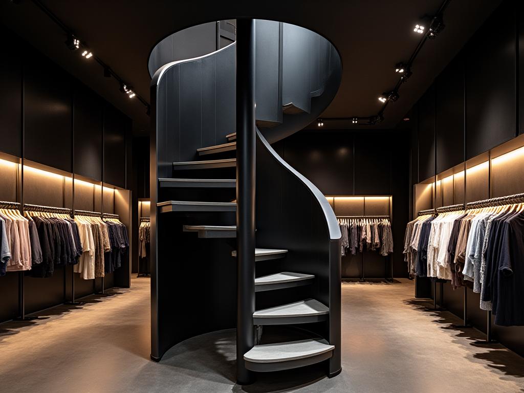 A stylish spiral staircase in a high-end clothing store.
