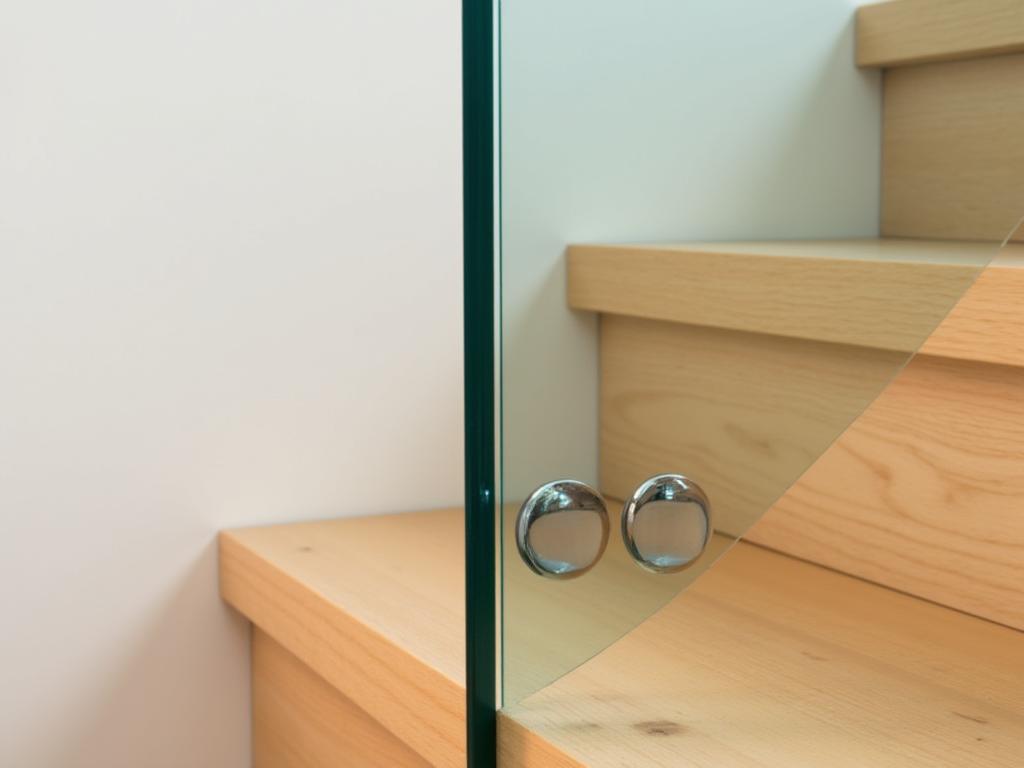 A close-up view of a frameless glass railing attached to wooden treads.