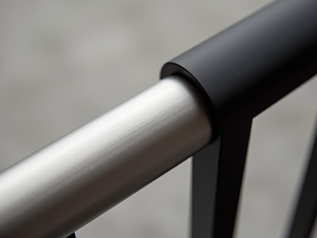 Close-up of a brushed stainless steel handrail and a matte black powder-coated baluster.