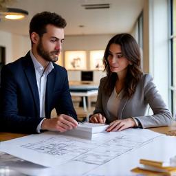 A designer discussing staircase blueprints with a client.