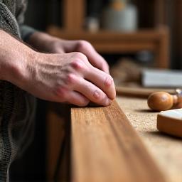 A craftsman applying a finish to a wooden handrail.