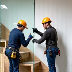 Two installers carefully fitting a glass panel on a staircase.