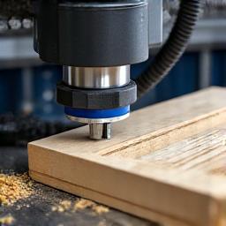 A CNC machine precisely cutting a wooden stair tread.