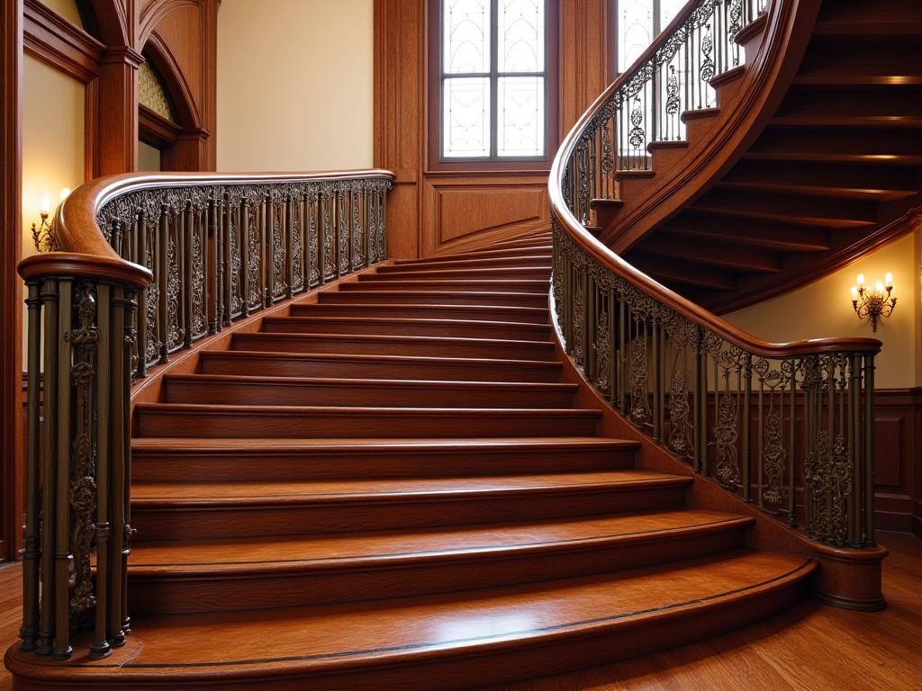 A grand curved wooden staircase with ornate metal balusters.