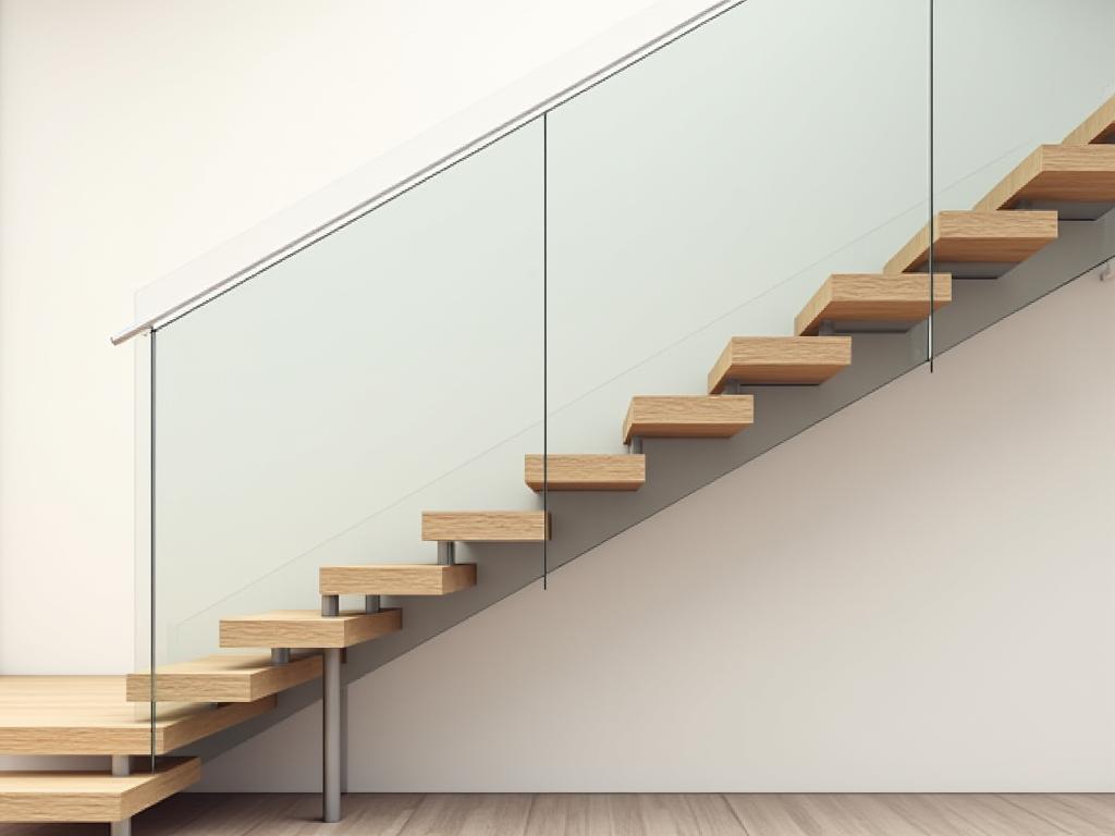 A modern floating staircase with thick wooden treads and glass railings.