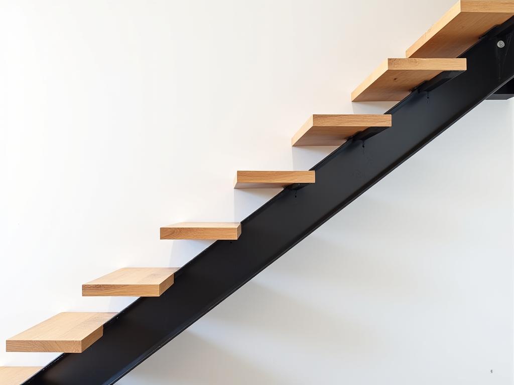 A mono-stringer staircase with light wood treads and a black steel spine.