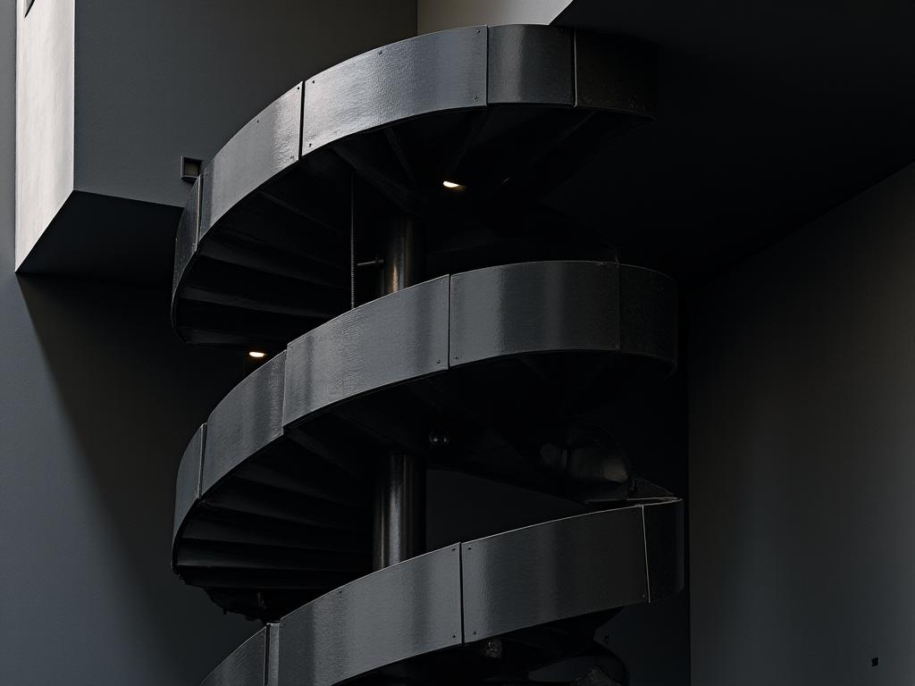 A sleek black metal spiral staircase.